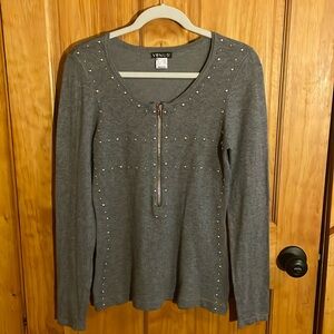 Venus Gray Studded Soft Zipper Front Sweater, Sz S